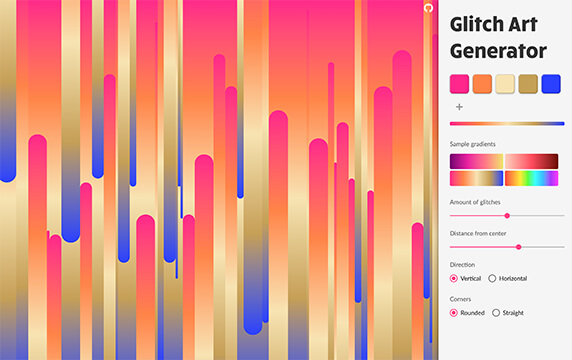 Glitch Art Generator - 几分钟就能做出酷炫的效果设计：这是一个失真艺术生成器，它可以创建失真效果，并且调整颜色，失真部分的数量、位置、 方向、角度和效果，非常不错～