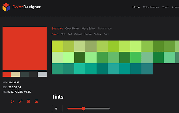 Color Designer - 高级在线配色器：该工具的主要目的是帮助构建调色板并基于该调色板生成色调和阴影。