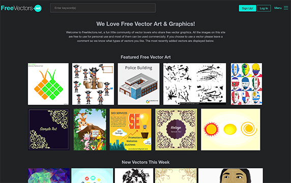 Freevectors - 免费矢量图形素材：这是一个由矢量爱好者共享免费矢量图形组成的有趣小社区，所有图像均可免费用于个人用途，其中大多数可用于商业用途。