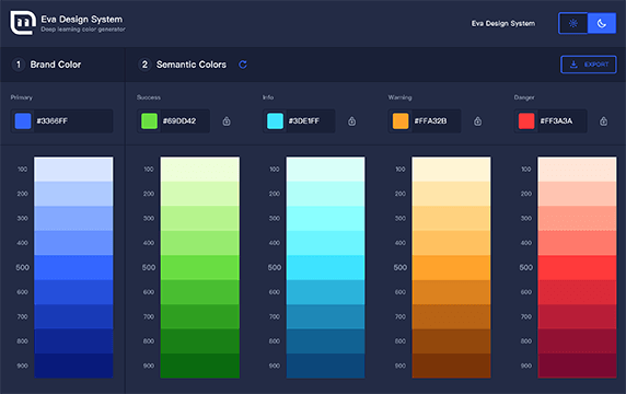 Eva Design System - 深度学习配色工具：「Eva Design System」是一个基于深度学习的颜色产生器，可以对主颜色进行相关配色，它可以根据主色计算生成其他四种可能会用到的衍生颜色。