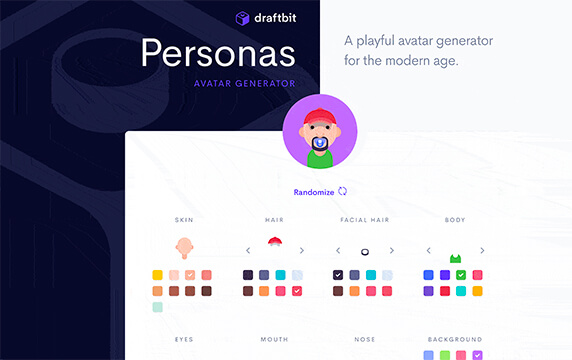 Personas by Draftbit - 俏皮、现代、有趣：Draftbit的Personas人物角色俏皮、现代、有趣，不依赖于性别、种族、年龄来限定角色，而是通过提供肤色、发型、胡须、服装、五官配饰、背景等参数来调整整体外观概念。