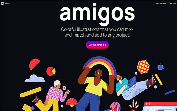 Amigos - 自由定制人物角色和插画：一个可自由定制人物角色和插画的资源网站Amigos，它是一个手绘插画库，可以用不同的人物插画重新组合定制，提升产品的视觉效果。