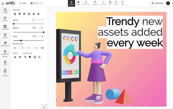 Artify-Editor - 一个基于Web的设计资产编辑器：每周更新的设计资产库，目前包含了200万个图标、3k的插画、3K样机，还有其它的一些图案、海报、产品图等24个分类。