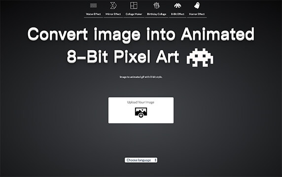 img8bit - 将图像转换为动画的8位像素艺术：img8bit网站提供了6种效果，比如：可以给你的图片生成像素风、水波纹效果，可以导出GIF、MP4、JPG格式