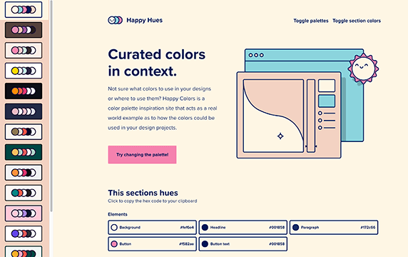 Happy Hues - 生成配色方案的调色板网站：Happy Hues是设计师Child Mackenzie打造的一款超实用配色神器，它内置了多种活力十足的配色方案，并利用案例可视化的为我们展示了各种配色效果。