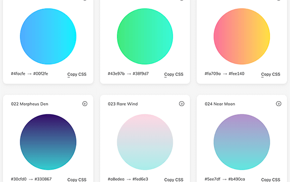 Webgradients - 高颜值渐变配色神器：设计师们经常需要用到的UI背景渐变颜色组合,目前提供180个渐变色彩,可以作为网站任何部分的内容背景。