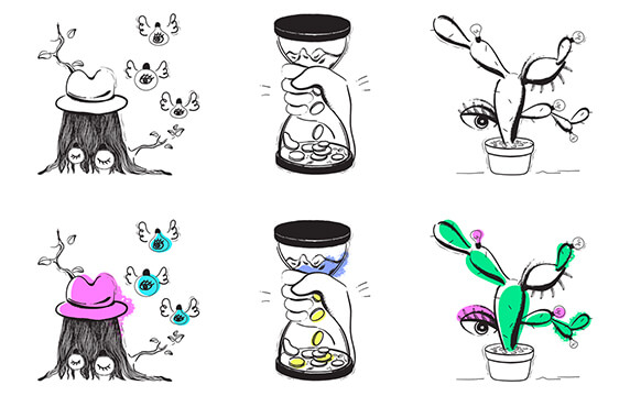 Absurd - 纯手绘荒诞插图网站：Absurd是一个纯手绘荒诞插图网站，插图样式有极简线条和色彩填充两种，你可以将它们用于个人和商业项目，免费用户可下载11个免费PNG格式文件。