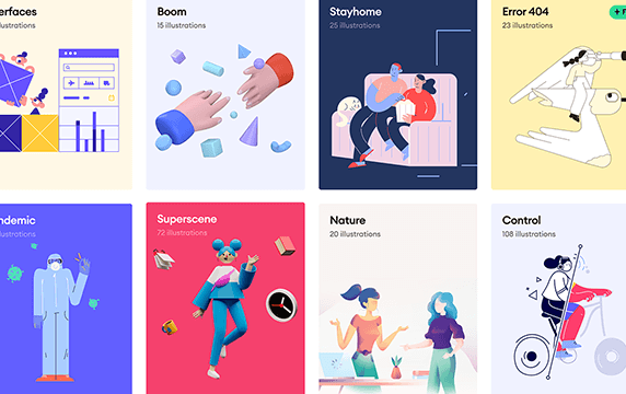 Storytale - 1197个高质量插画素材：网站上收录了43个插画主题，有免费和付费权限，每个插画主题对应的插画素材质量都还不错，同时它也是ProductHunt上每日推荐排名第5的产品。