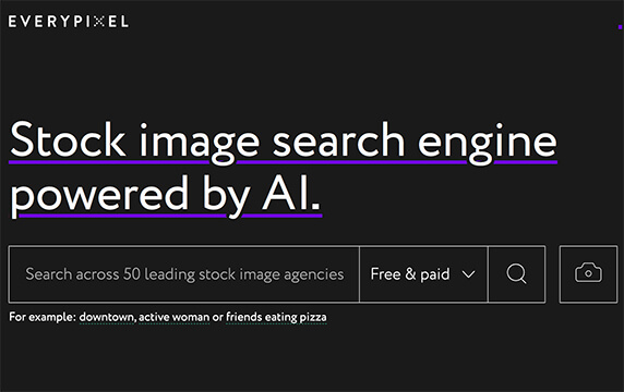 Everypixel - 智能免费图片素材搜索引擎：Everypixel 是一款帮助用户寻找免费图片素材的搜索引擎，基于AI技术而实现。