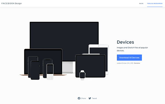 Facebook Devices - Facebook官方出品：Facebook Design的资源下载区可以下载很多设备模型，当然这个网站还有其他的内容也值得看，包括一些文章和视频，以及UI Kit资源等。