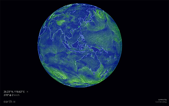 Earth - 在线气象可视化工具：Earth 是一个开源的在线气象可视化工具，能展示天气、洋流、海面温度、大气污染……等数据。