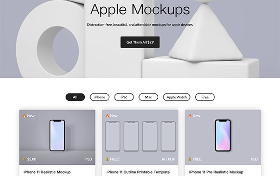 Apple Mockups - 苹果设备的样机素材：最新苹果设备的样机素材，你可以单独购买或者打包购买，当然还有免费的样机供你领取和下载。