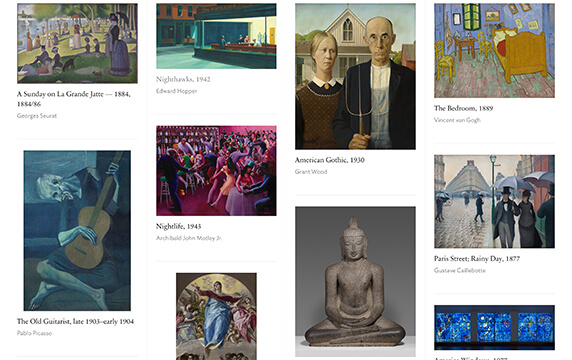 芝加哥美术馆 - 5万多张高清世界名画：网站所提供的图片分辨率一般在3000px左右，包含经典的梵高自画像、神奈川冲浪里、印象派等诸多画作，可直接下载，有免费可商用素材。