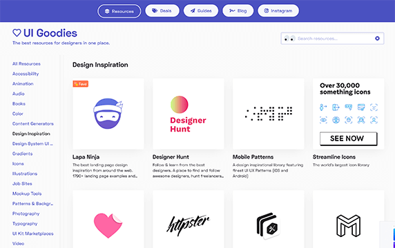 UI Goodies - 为设计师提供的最佳资源：UI Goodies是一个完美的为设计师们准备的网站，包括图标、配色、插画、设计案例等18个分类几百个网站，非常全。