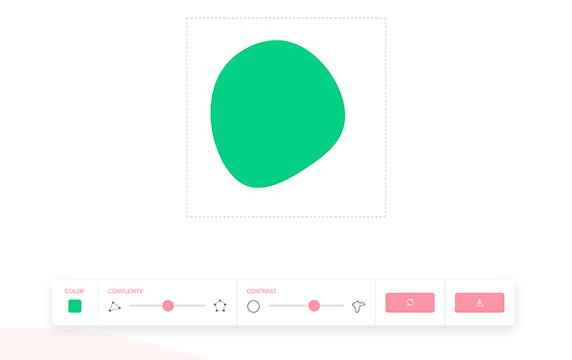 Blobmaker - SVG形状的在线工具：Blobmaker 是一款能帮你快速生成不规则 svg 形状的在线工具，通过网站你可以随机生成形状，也可以修改形状颜色、复杂程度及对比度，简单实用。