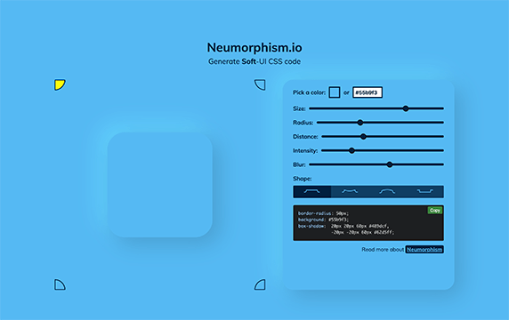 Neumorphism - CSS代码神器：Neumorphism可以简单轻松地实现新拟态效果，可以任意更改颜色，形状可以在圆形、圆角矩形和方形之间切换，形状与背景的距离、阴影的强度和模糊效果等也可随意更改。