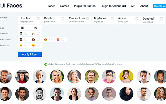 UI Faces - 真实人物照片的头像素材库：UI Faces是一个聚合了大量真实人物照片的头像素材库，每张照片都经过Microsoft的Face API处理并标记年龄、性别、情感和头发颜色。