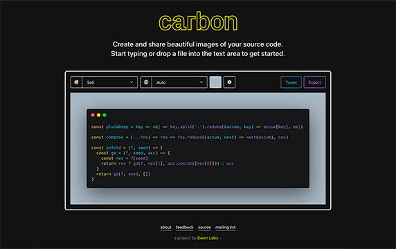 Carbon - 代码转图像的开源项目：Carbon是由Dawn Labs创建开发的一个代码转图像的开源项目，目前在GitHub上拥有20000多颗星，每月活跃用户超过50000。