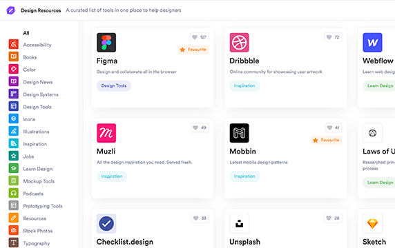 Design Resources - 精选的设计师工具清单：Design Resources由@kylerjphillips创造，网站上有18个关于设计的分类，比如图书、插画、图标、样机工具、设计工具、设计新闻等等。