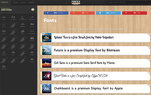 Fontex - 免费可商用的英文字体：Fontex是一个提供丰富的英文字型免费下载的网站，对于设计师而言大量精美的字型很重要里头有超多字型可供下载。