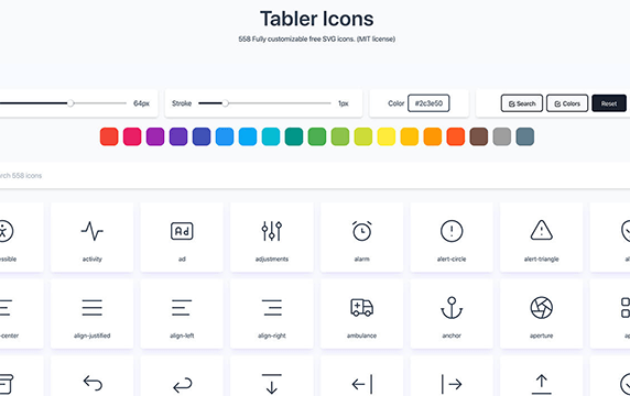 Tabler Icons - 558个完全可定制的免费SVG图标：一个质量还不错的图标库Tabler Icons，它有558个完全可定制的免费SVG图标，图标种类还不少，可以直接修改图标的颜色、大小、粗细，非常方便。