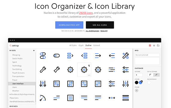 Nucleo - 免费的图标管理神器：Nucleo是一个包含29280个图标的漂亮库，并且是一个功能强大的应用程序，用于收集\自定义和导出所有图标。