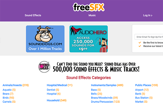 FreeSFX - 50万+的音效资源：音效由专业音效公司提供，可以在线试听、分类检索、可商用下载。