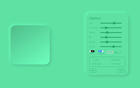 Neumorphic Generator - 新拟态效果的生成器工具：一款可以轻松实现新拟态效果的生成器工具，这款生成器可以让你轻松创建你所设想的形状，并附带50多个预设的灵感，很多参数可以调整，同样支持自定义颜色。