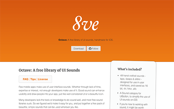 Octave - 免费UI音效素材库：收录48个手工制作的音效，包括按键音效、逼逼声和 slides 三大类型，制作成 16 bit、44.1khz 的 .aifs 格式，可以自由用于 iOS 应用程序开发项目。