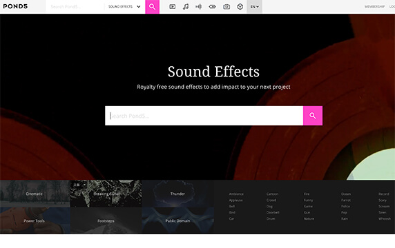 POND5 - 音效素材库：该网站上其包含大量的音效和配乐，大多为WAV格式；并且上面的音效素材使用 CC0授权，即该素材可用于个人或者商业创作，无专利纠纷。