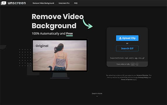 Unscreen - 在线免费的扣视频背景神器：Unscreen支持mp4、gif、mov、.webm、.ogg格式，上传视频或GIF自动去除背景保留主体。