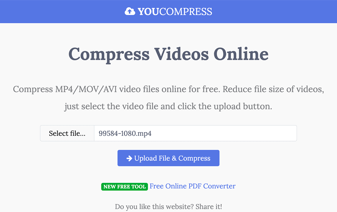 You Compress - 免费在线压缩工具：You Compress是一款极简的免费在线压缩工具，界面简洁直观，只需上传视频文件，网站会根据上传的视频，自动选择最佳参数对视频进行无损压缩，减少文件大小同时保证视频质量。